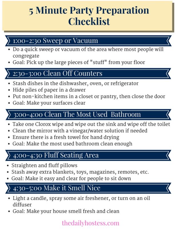 Get your house ready for a party quick! Use this checklist to prepare for guests in 5 minutes! Click through to get the checklist printable!