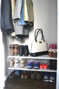 Click here for an easy DIY to create coat closet shelves and get rid of the mountain of shoes.