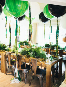 May Party round up, emerald birthday party, black, white, and emerald, green party with large balloons