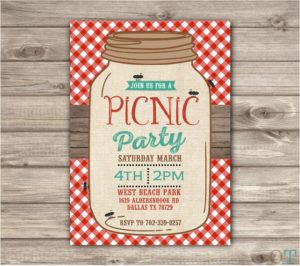 Summer party themes, backyard picnic party, picnic invitation, red gingham invitation, mason jars
