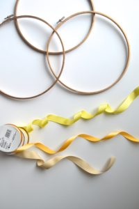 diy ribbon garland, embroidery hoop diy, easy ribbon party decor, yellow party decor, ribbon hoop garland tutorial