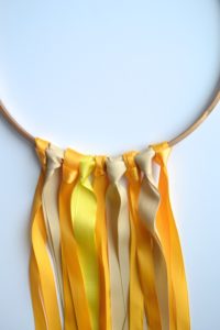 diy ribbon garland, embroidery hoop diy, easy ribbon party decor, yellow party decor, ribbon hoop garland tutorial