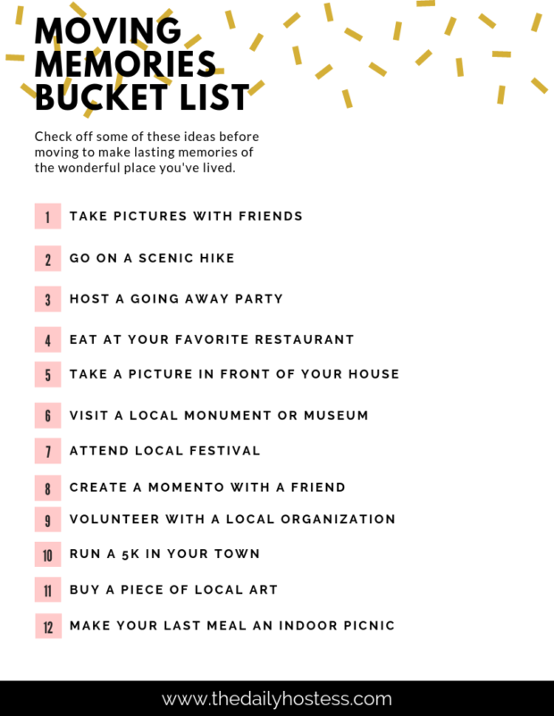 Memories before moving, how to remember a place you've moved from, celebrate your move, moving bucket list, #movingbucketlist #bucketlist #movingtips